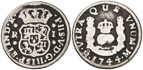 1744. Felipe V. México. M. 1 real. (Cal. 1606). 2,55 g. Columnario. Pátina oscura. BC+/BC.