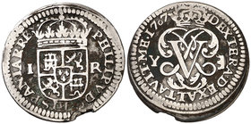 1707. Felipe V. Segovia. Y. 1 real. (Cal. 1687). 2,38 g. El 0 de la fecha pequeño. Defecto de cospel. Manchitas. Escasa. (BC+/MBC-).