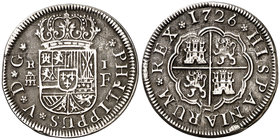 1726. Felipe V. Segovia. F. 1 real. (Cal. 1692). 2,12 g. Rayitas. MBC.