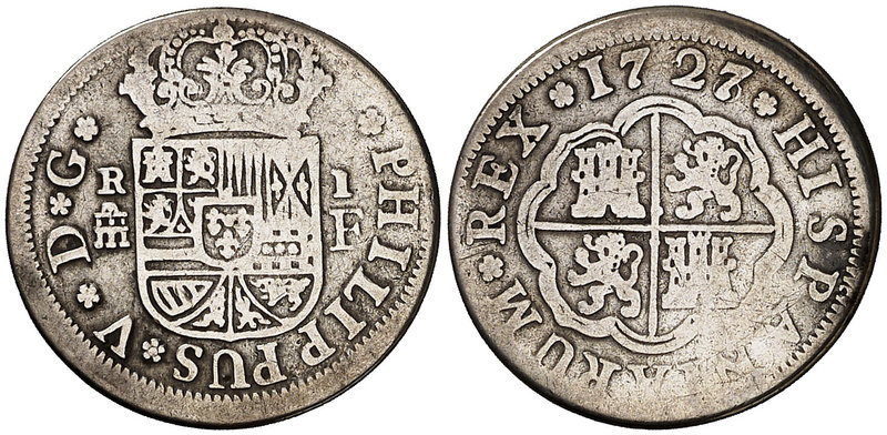 1727/6. Felipe V. Segovia. F. 1 real. (Cal. 1693 var). 2,63 g. BC+/BC.