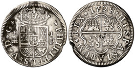 1728/7. Felipe V. Segovia. F. 1 real. (Cal. 1694 var). 2,67 g. Manchitas, rayitas y golpe en el canto. (MBC-).