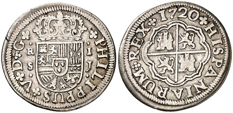 1720. Felipe V. Sevilla. J. 1 real. (Cal. 1708). 2,53 g. Ex Áureo 03/03/1999, nº...