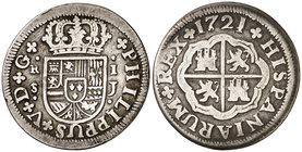 1721. Felipe V. Sevilla. J. 1 real. (Cal. 1709). 2,69 g. MBC/MBC-.