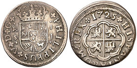1725. Felipe V. Sevilla. J. 1 real. (Cal. 1710). 2,84 g. Ex Áureo 21/05/1996, nº 579. MBC.