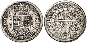 1729/19. Felipe V. Sevilla. P. 1 real. (Cal. 1715). 2,93 g. Rara rectificación. MBC/MBC-.