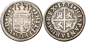 1731. Felipe V. Sevilla. PA. 1 real. (Cal. 1718). 2,69 g. BC+.