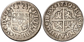 1732. Felipe V. Sevilla. PA. 1 real. (Cal. 1719). 2,68 g. Rayitas. BC+/MBC-.