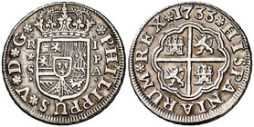 1733. Felipe V. Sevilla. PA. 1 real. (Cal. 1720). 2,87 g. Leves marquitas. Buen ejemplar. MBC+.