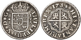 1734. Felipe V. Sevilla. PA. 1 real. (Cal. 1721). 2,89 g. MBC.