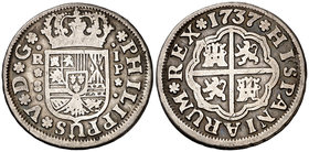 1737. Felipe V. Sevilla. P. 1 real. (Cal. 1723). 2,75 g. Rayitas. Ex Áureo 21/05/1996, nº 586. MBC-/BC+.