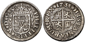 1738. Felipe V. Sevilla. PJ. 1 real. (Cal. 1724). 2,82 g. Leves marquitas. MBC.