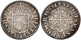 1739. Felipe V. Sevilla. PJ. 1 real. (Cal. 1725). 2,80 g. Bonita pátina. MBC+/MBC.