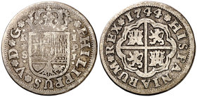 1744. Felipe V. Sevilla. PJ. 1 real. (Cal. 1730). 2,56 g. BC.