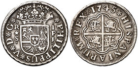 1745. Felipe V. Sevilla. PJ. 1 real. (Cal. 1731). 2,88 g. Rayitas. Ex Áureo 16/12/2002, nº 850. MBC+/MBC.