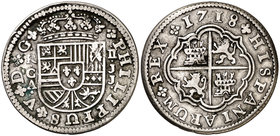 1718. Felipe V. Cuenca. JJ. 2 reales. (Cal. 1161). 5,70 g. Rayitas. MBC-.