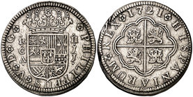 1721. Felipe V. Cuenca. JJ. 2 reales. (Cal. 1162). 5,89 g. Rayas. MBC-.
