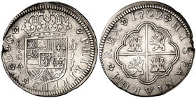 1722. Felipe V. Cuenca. JJ. 2 reales. (Cal. 1163). 5,14 g. Defecto en el canto. (MBC).