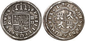 1720. Felipe V. Madrid. JJ. 2 reales. (Cal. 1247). 5,55 g. Ensayadores en horizontal. Buen ejemplar. Escasa así. MBC+.