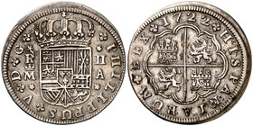 1722. Felipe V. Madrid. A. 2 reales. (Cal. 1249). 5,12 g. Leves manchitas en reverso. Atractiva. MBC+.