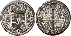 1725/4. Felipe V. Madrid. A. 2 reales. (Cal. 1252 var). 5,64 g. MBC.