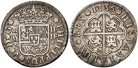 1735. Felipe V. Madrid. JF. 2 reales. (Cal. 1254). 5,74 g. Ceca y ensayador entre puntos. Golpecitos. Ex Áureo 04/03/1998, nº 3371. MBC.