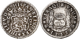 1735. Felipe V. México. MF. 2 reales. (Cal. 1279). 6,62 g. Columnario. Golpecitos. Atractiva. MBC+.