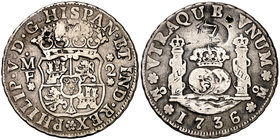 1736/5. Felipe V. México. MF. 2 reales. (Cal. 1282). 6,44 g. Columnario. Resello oriental grande. Golpecito. (MBC-).
