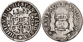 1738/7. Felipe V. México. MF. 2 reales. (Cal. 1285). 6,19 g. Columnario. Golpes. BC.