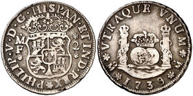 1739. Felipe V. México. MF. 2 reales. (Cal. 1287). 6,46 g. Columnario. Golpecito. MBC.