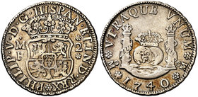 1740. Felipe V. México. MF. 2 reales. (Cal. 1290). 6,65 g. Columnario. Pátina. MBC.