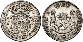1743. Felipe V. México. M. 2 reales. (Cal. 1294). 6,63 g. Columnario. Rayitas. Ex Áureo 21/05/1996, nº 603. MBC.