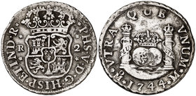 1744. Felipe V. México. M. 2 reales. (Cal. 1296). 6,59 g. Columnario. Manchitas. (MBC-).