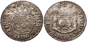 1747. Felipe V. México. M. 2 reales. (Cal. 1300). 5,94 g. Columnario. Oxidaciones limpiadas. Ex Áureo 29/09/1998, nº 1422. Escasa. (MBC+).
