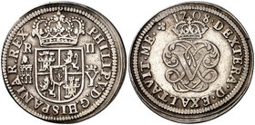 1708. Felipe V. Segovia. Y. 2 reales. (Cal. 1381). 5,60 g. Buen ejemplar. Palma izquierda sobre derecha. Reverso coincidente. Ex Áureo 17/12/2003, nº ...