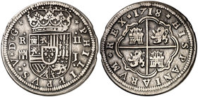 1718. Felipe V. Segovia. J. 2 reales. (Cal. 1388). 5,31 g. Acueducto de un piso. MBC+.