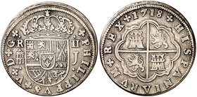 1718. Felipe V. Segovia. J. 2 reales. (Cal. 1392). 5,53 g. PHILIPPVS. Acueducto de dos pisos. Ex Áureo 16/10/1996, nº 2312. MBC.