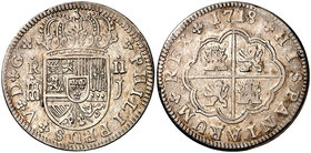 1718. Felipe V. Segovia. J. 2 reales. (Cal. 1394). 5,70 g. PHILIPPUS. Acueducto de dos pisos. Ex Áureo 16/10/1996, nº 2313. Escasa. MBC.