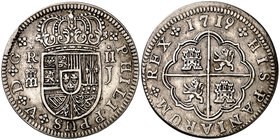 1719. Felipe V. Segovia. J. 2 reales. (Cal. 1395). 6 g. Buen ejemplar. MBC+.