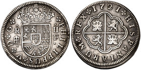 1721. Felipe V. Segovia. F. 2 reales. (Cal. 1401). 5,26 g. F mediana. Rayitas. MBC+/MBC.