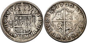 1722. Felipe V. Segovia. F. 2 reales. (Cal. 1402). 5,21 g. Rayitas. MBC/MBC-.