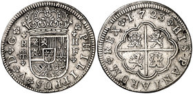 1723. Felipe V. Segovia. F. 2 reales. (Cal. 1404). 5,58 g. Golpecitos. MBC+/MBC.