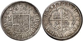 1724. Felipe V. Segovia. F. 2 reales. (Cal. 1405). 5,79 g. F grande. Mínimas rayitas. Buen ejemplar. MBC+.