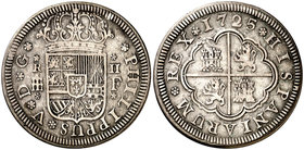 1725. Felipe V. Segovia. F. 2 reales. (Cal. 1406). 5,21 g. Rayas. Ex Áureo 20/09/2001, nº 1390. Escasa. MBC+/MBC.