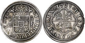 1727. Felipe V. Segovia. F. 2 reales. (Cal. 1407). 5,40 g. Defectos de acuñación en el canto. Escasa. (MBC+).