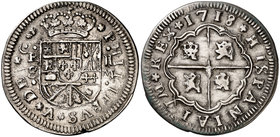 1718. Felipe V. Sevilla. M. 2 reales. (Cal. 1420). 4,87 g. Puntos acotando ceca, ensayador y valor. Muy buen ejemplar para esta pieza. Ex Áureo 16/12/...