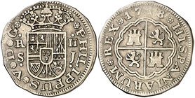 1718. Felipe V. Sevilla. J. 2 reales. (Barrera falta). 4,46 g. Falsa de época en metal, como las otras 4 que hemos tenido. Creemos que no existen auté...