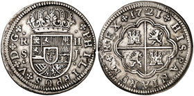 1721. Felipe V. Sevilla. J. 2 reales. (Cal. 1423). 5,57 g. Golpecito. MBC+/MBC.