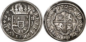 1722. Felipe V. Sevilla. J. 2 reales. (Cal. 1424). 5,45 g. Leves oxidaciones. (MBC+).