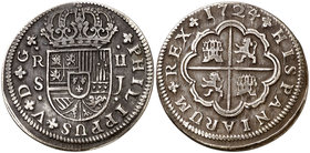 1724. Felipe V. Sevilla. J. 2 reales. (Cal. 1426). 6,15 g. Pátina oscura. MBC.