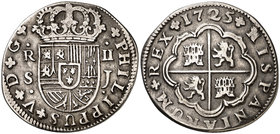 1725. Felipe V. Sevilla. J. 2 reales. (Cal. 1427). 4,54 g. MBC.